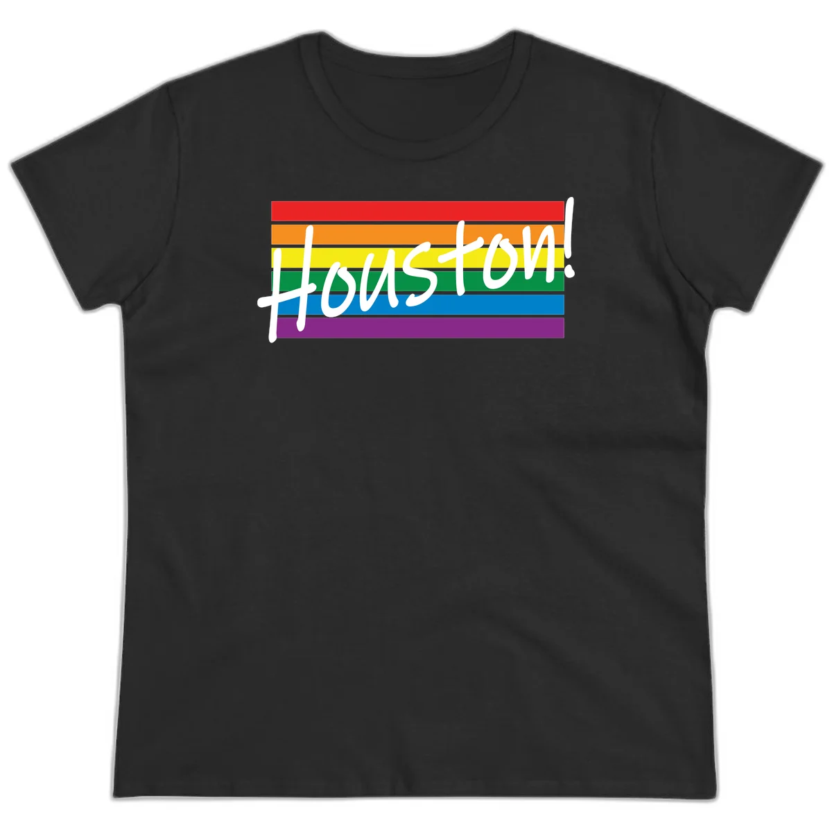Houston pride celebration design with white handwritten text on rainbow flag stripes in red, orange, yellow, green, blue, and purple in Black