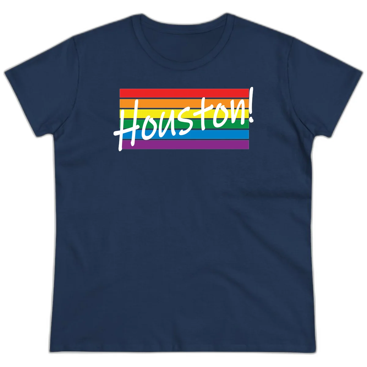 Houston pride celebration design with white handwritten text on rainbow flag stripes in red, orange, yellow, green, blue, and purple in Navy