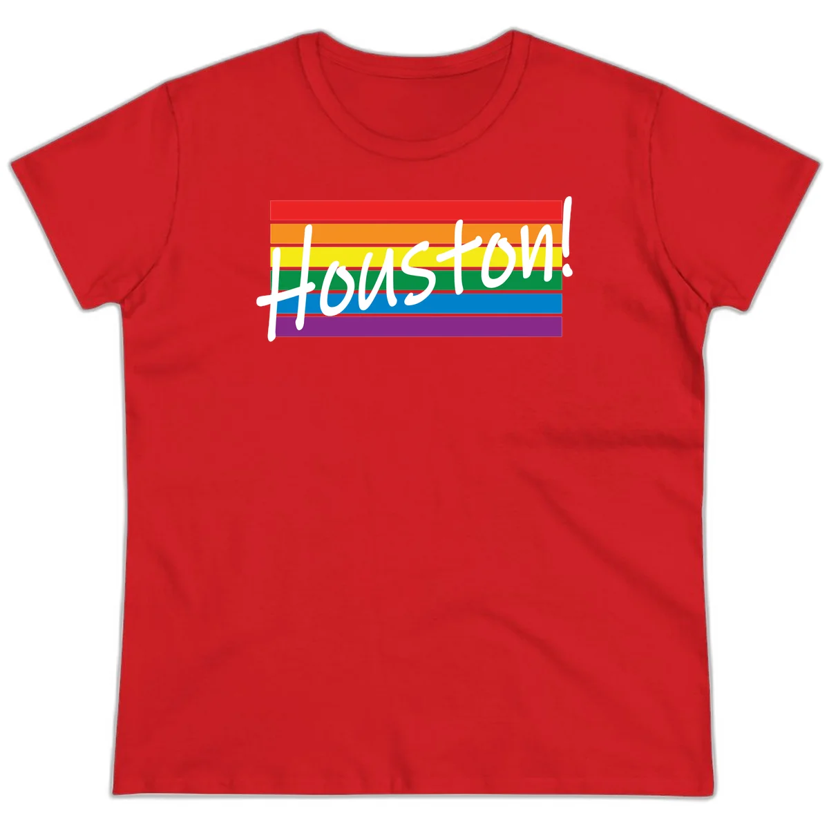 Houston pride celebration design with white handwritten text on rainbow flag stripes in red, orange, yellow, green, blue, and purple in Red
