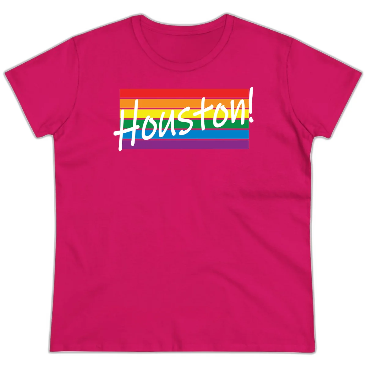 Houston pride celebration design with white handwritten text on rainbow flag stripes in red, orange, yellow, green, blue, and purple in Heliconia