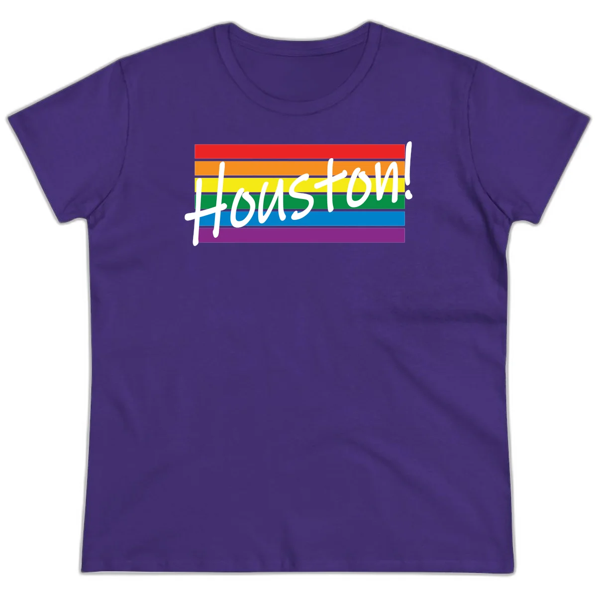 Houston pride celebration design with white handwritten text on rainbow flag stripes in red, orange, yellow, green, blue, and purple in Purple