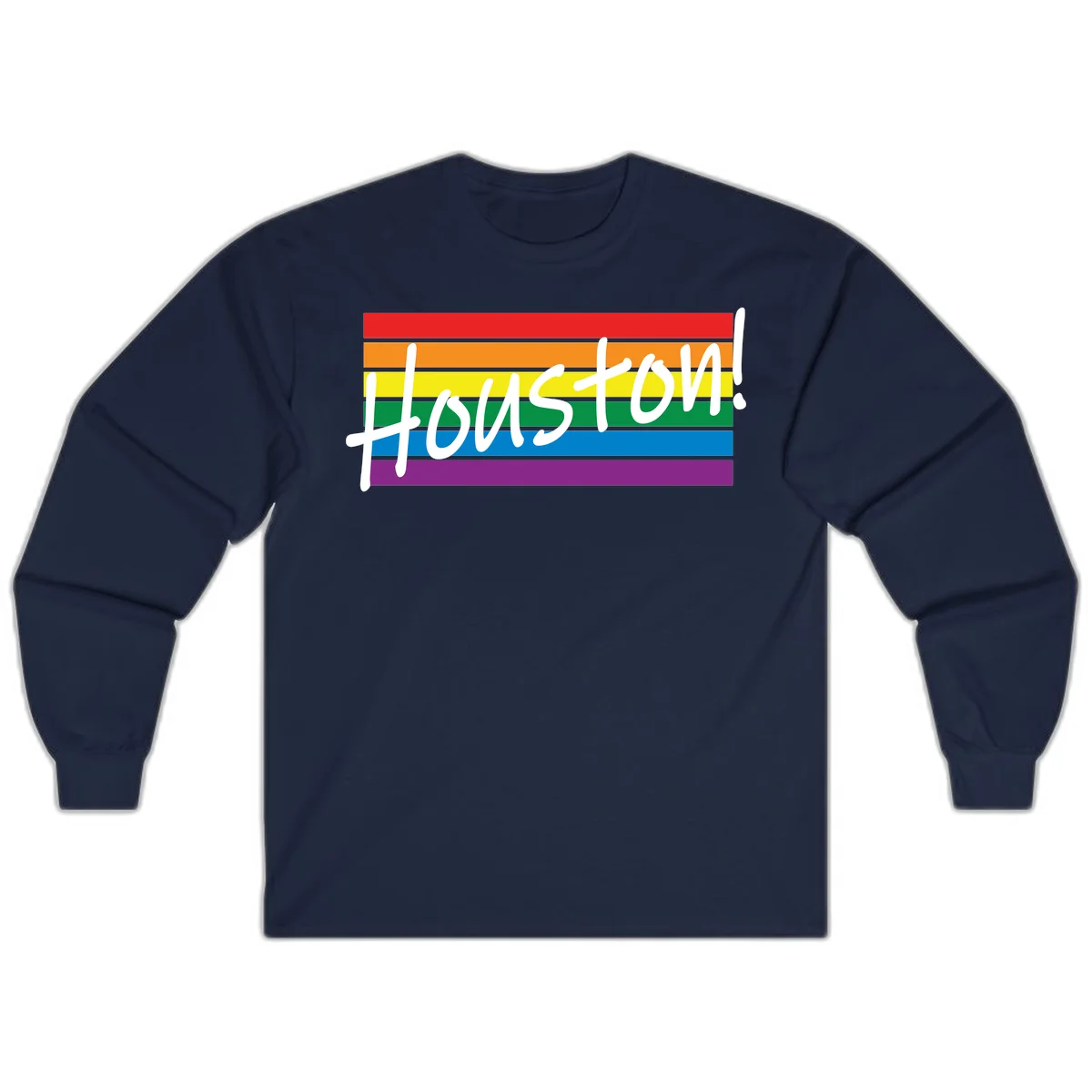 Houston pride celebration design with white handwritten text on rainbow flag stripes in red, orange, yellow, green, blue, and purple in Navy