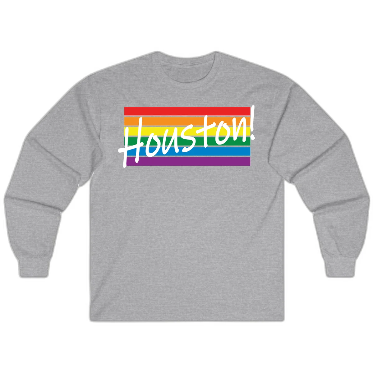 Houston pride celebration design with white handwritten text on rainbow flag stripes in red, orange, yellow, green, blue, and purple in Sport Grey
