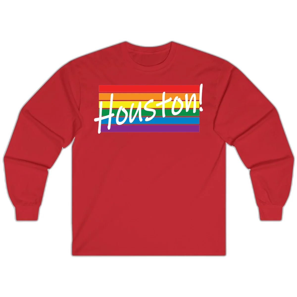 Houston pride celebration design with white handwritten text on rainbow flag stripes in red, orange, yellow, green, blue, and purple in Red