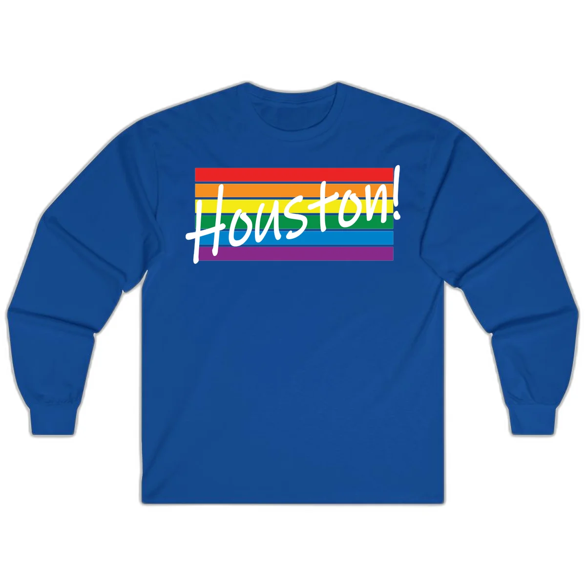 Houston pride celebration design with white handwritten text on rainbow flag stripes in red, orange, yellow, green, blue, and purple in Royal