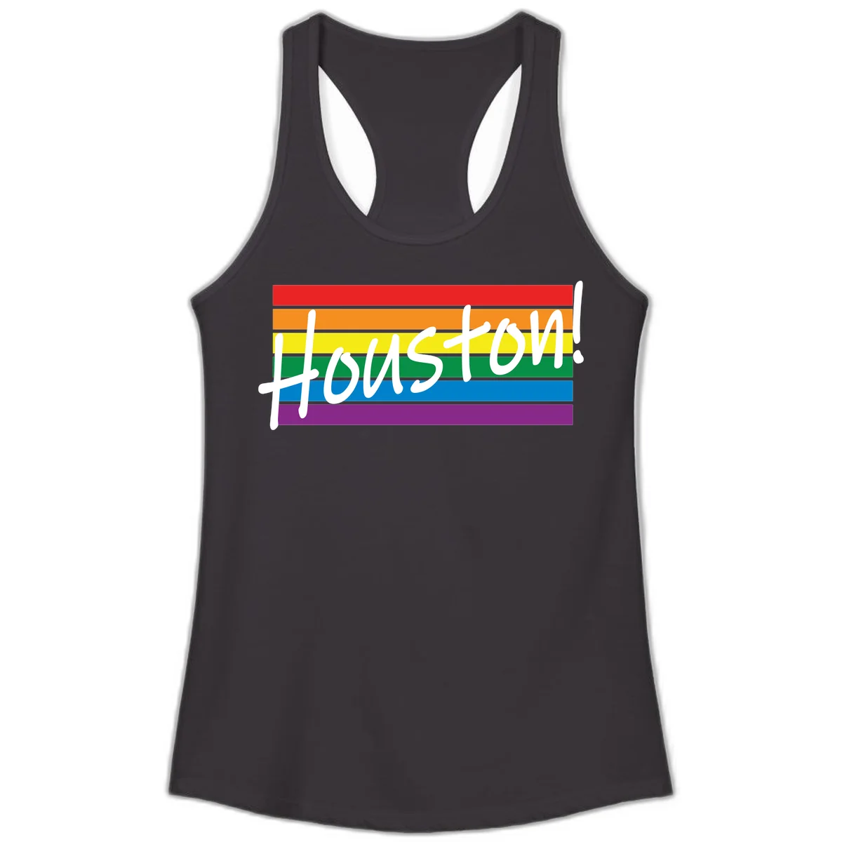 Houston pride celebration design with white handwritten text on rainbow flag stripes in red, orange, yellow, green, blue, and purple in Black