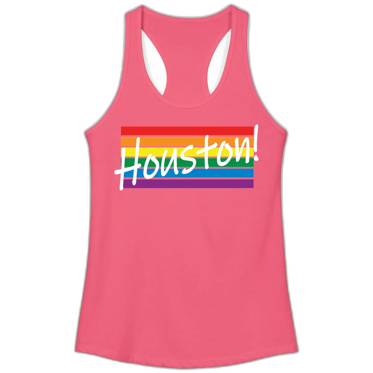Houston pride celebration design with white handwritten text on rainbow flag stripes in red, orange, yellow, green, blue, and purple in Hot Pink