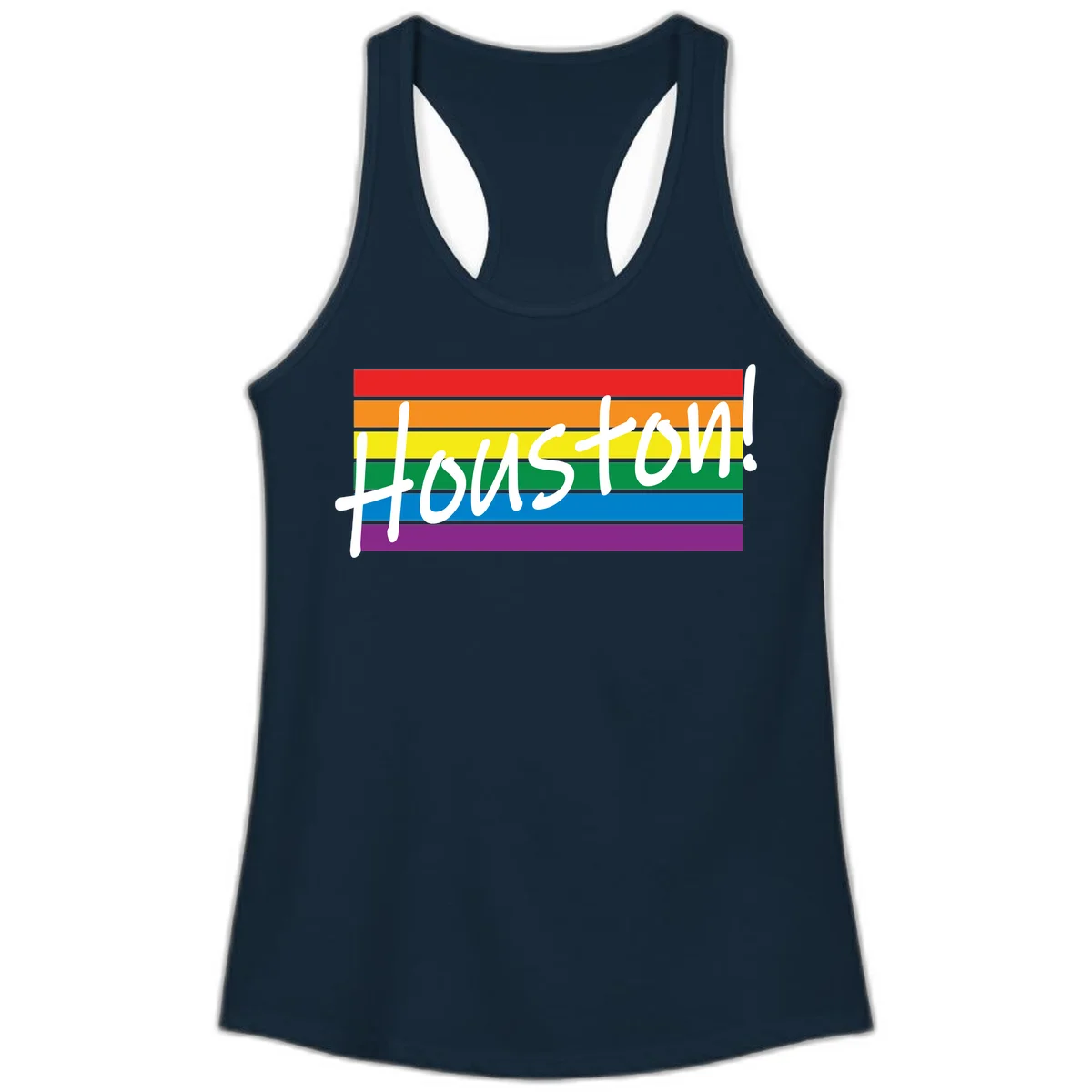 Houston pride celebration design with white handwritten text on rainbow flag stripes in red, orange, yellow, green, blue, and purple in Solid Midnight Navy