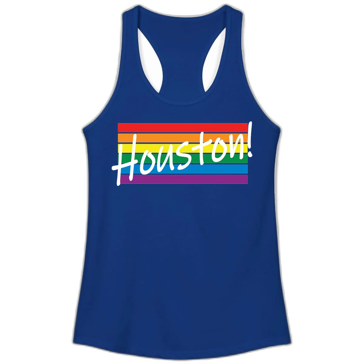 Houston pride celebration design with white handwritten text on rainbow flag stripes in red, orange, yellow, green, blue, and purple in Solid Royal