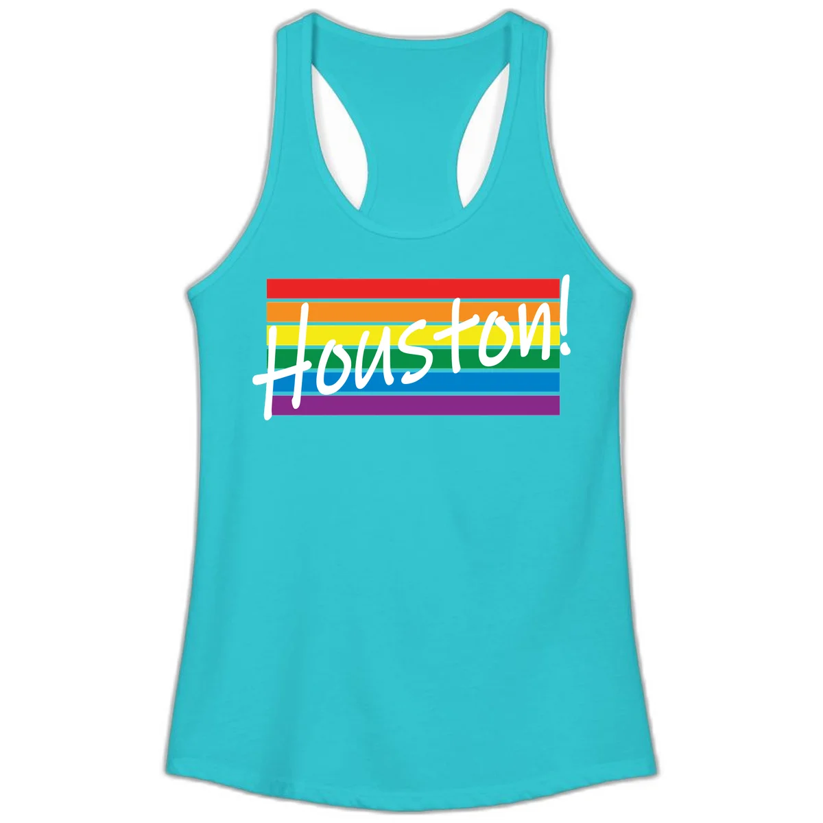 Houston pride celebration design with white handwritten text on rainbow flag stripes in red, orange, yellow, green, blue, and purple in Solid Tahiti Blue