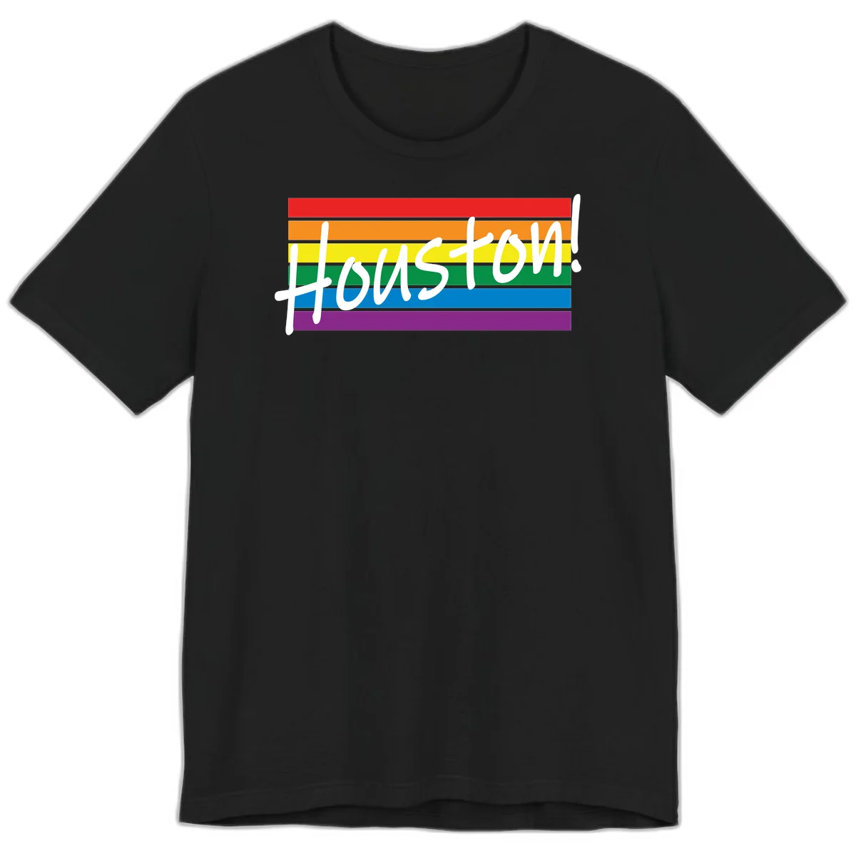 Houston pride celebration design with white handwritten text on rainbow flag stripes in red, orange, yellow, green, blue, and purple in Black