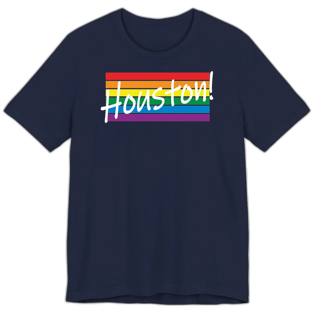 Houston pride celebration design with white handwritten text on rainbow flag stripes in red, orange, yellow, green, blue, and purple in Navy