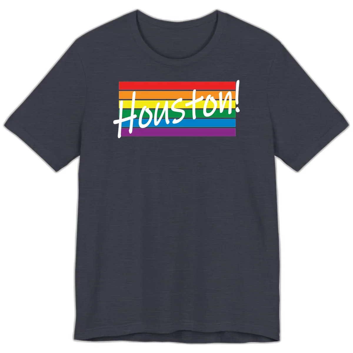 Houston pride celebration design with white handwritten text on rainbow flag stripes in red, orange, yellow, green, blue, and purple in Heather Midnight Navy
