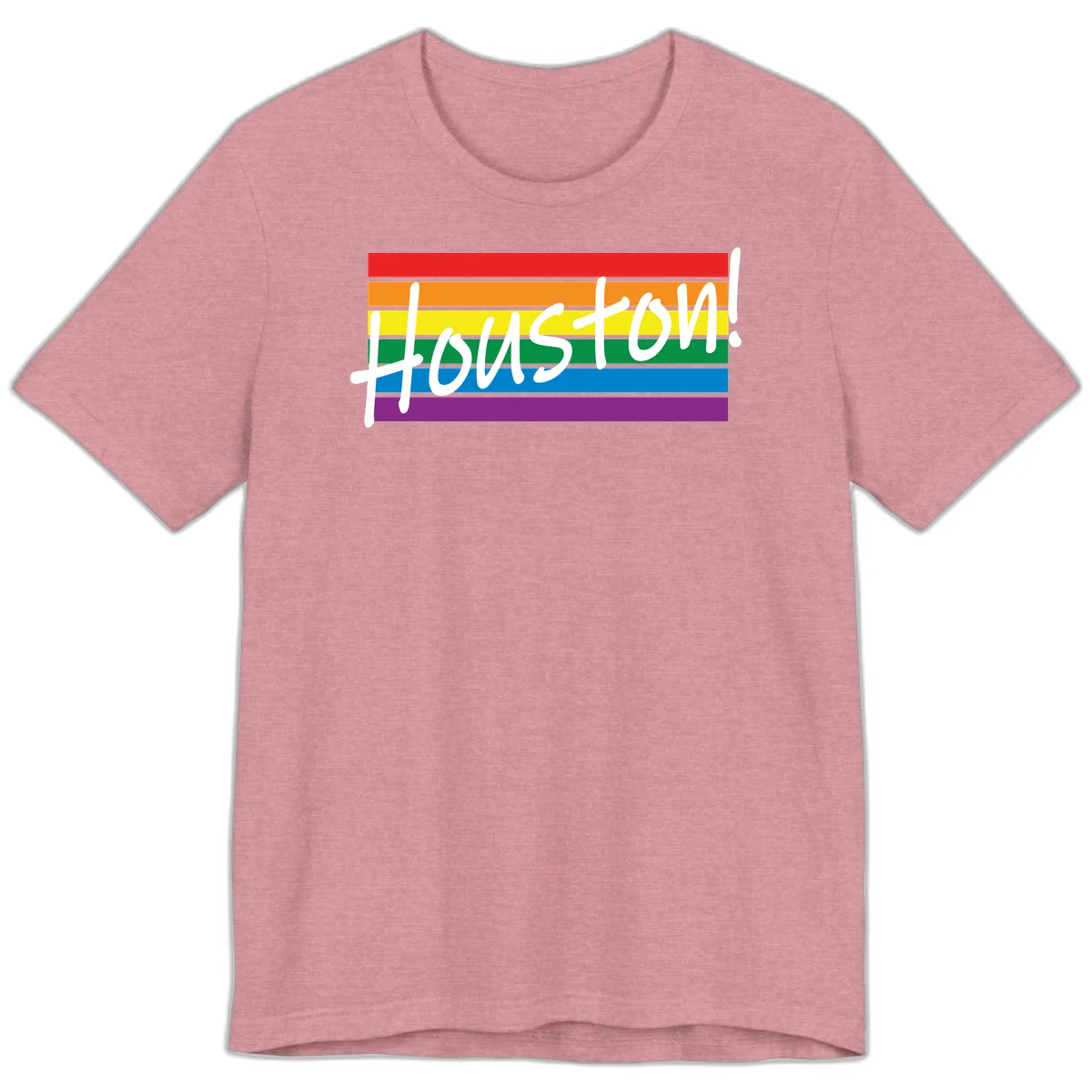 Houston pride celebration design with white handwritten text on rainbow flag stripes in red, orange, yellow, green, blue, and purple in Heather Orchid