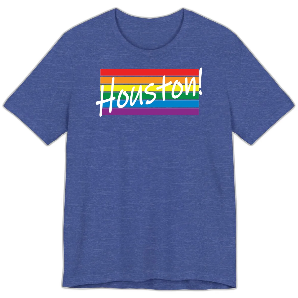 Houston pride celebration design with white handwritten text on rainbow flag stripes in red, orange, yellow, green, blue, and purple in Heather True Royal