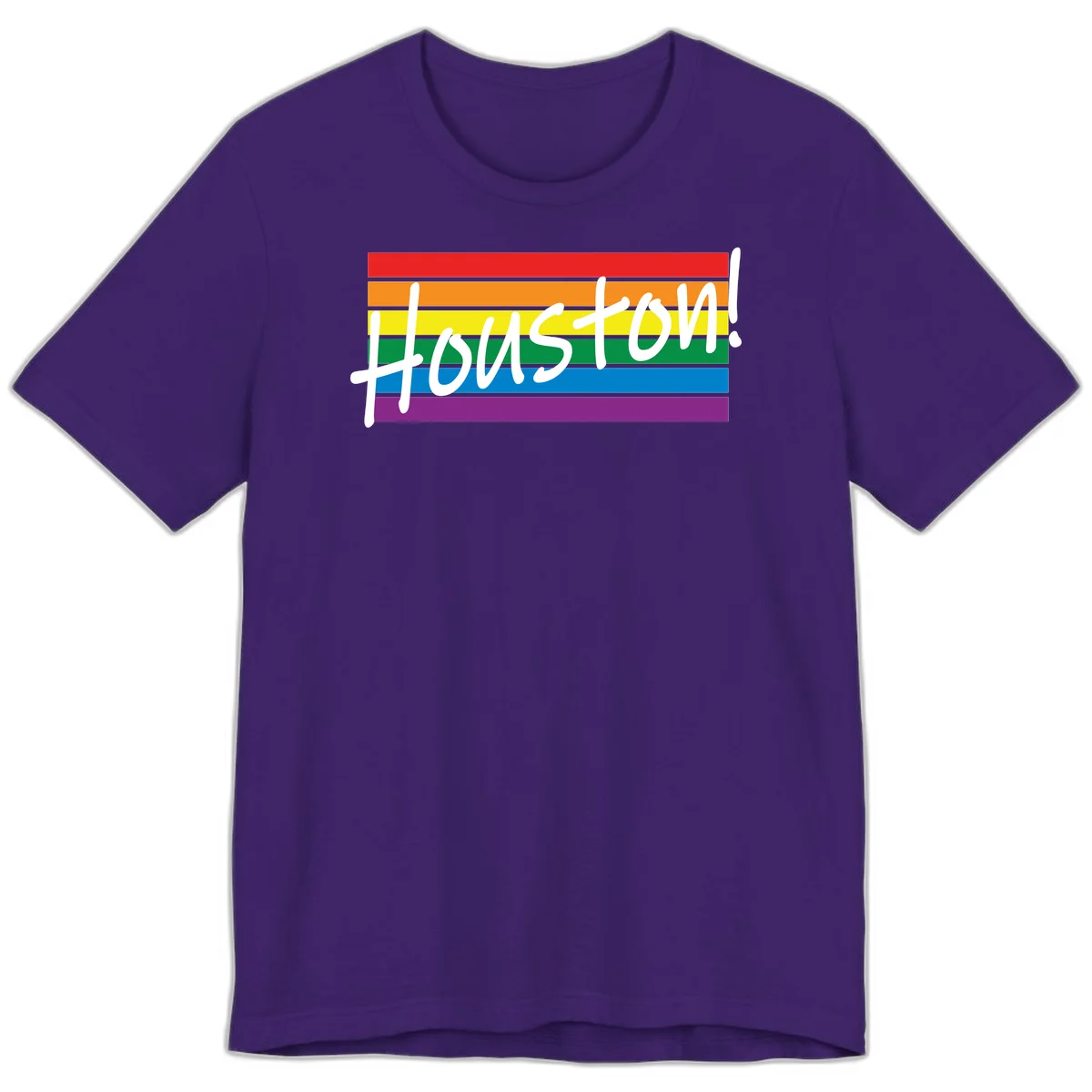 Houston pride celebration design with white handwritten text on rainbow flag stripes in red, orange, yellow, green, blue, and purple in Team Purple