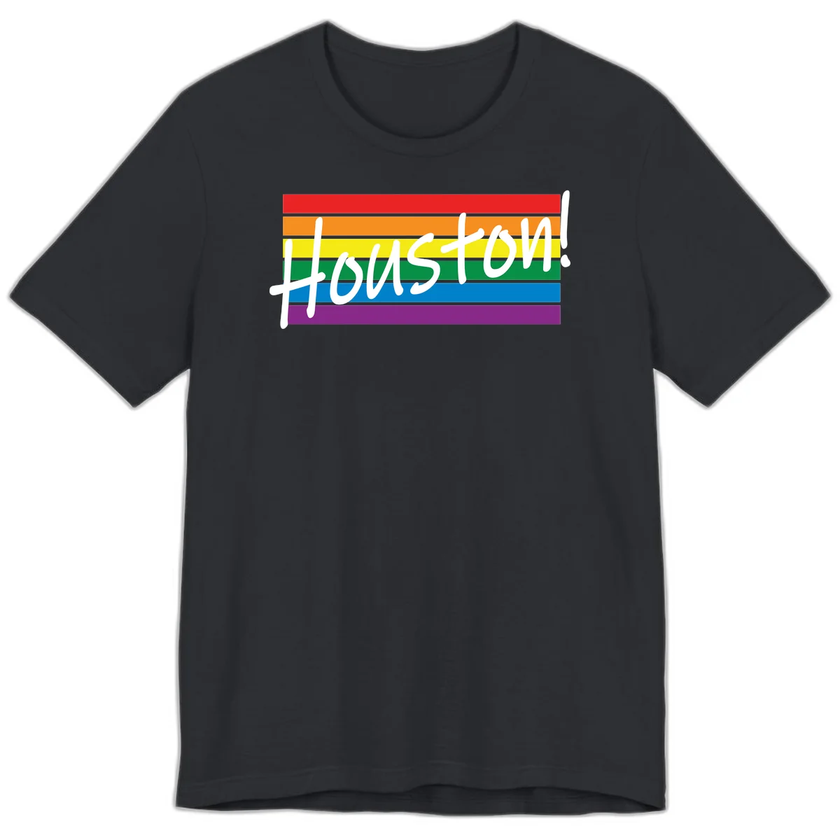 Houston pride celebration design with white handwritten text on rainbow flag stripes in red, orange, yellow, green, blue, and purple in Vintage Black