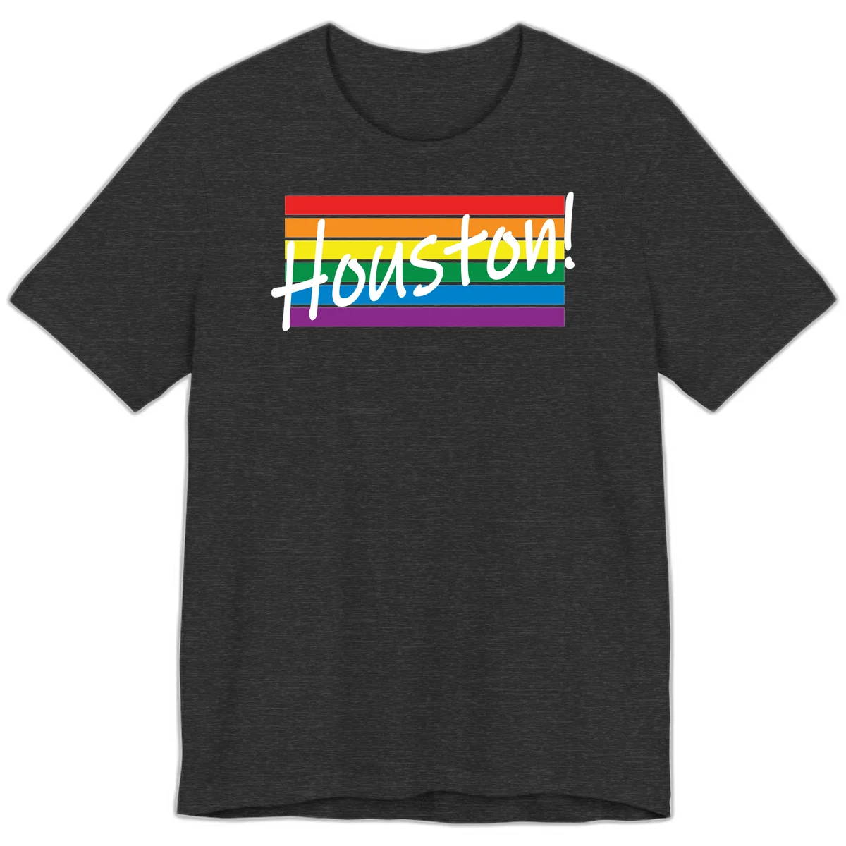 Houston pride celebration design with white handwritten text on rainbow flag stripes in red, orange, yellow, green, blue, and purple in Dark Grey Heather