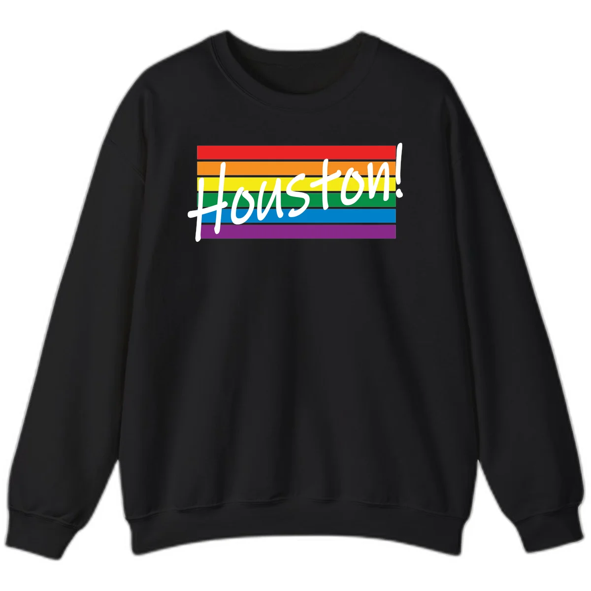 Houston pride celebration design with white handwritten text on rainbow flag stripes in red, orange, yellow, green, blue, and purple in Black
