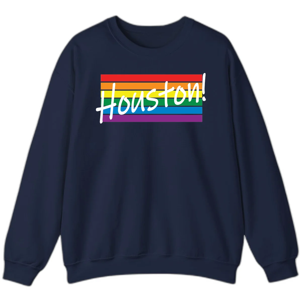 Houston pride celebration design with white handwritten text on rainbow flag stripes in red, orange, yellow, green, blue, and purple in Navy