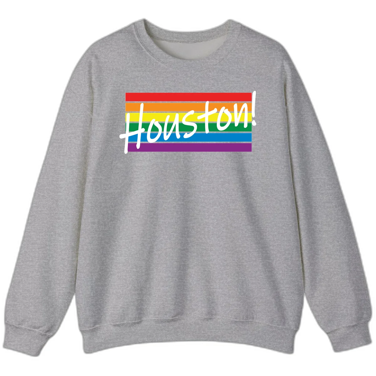 Houston pride celebration design with white handwritten text on rainbow flag stripes in red, orange, yellow, green, blue, and purple in Sport Grey