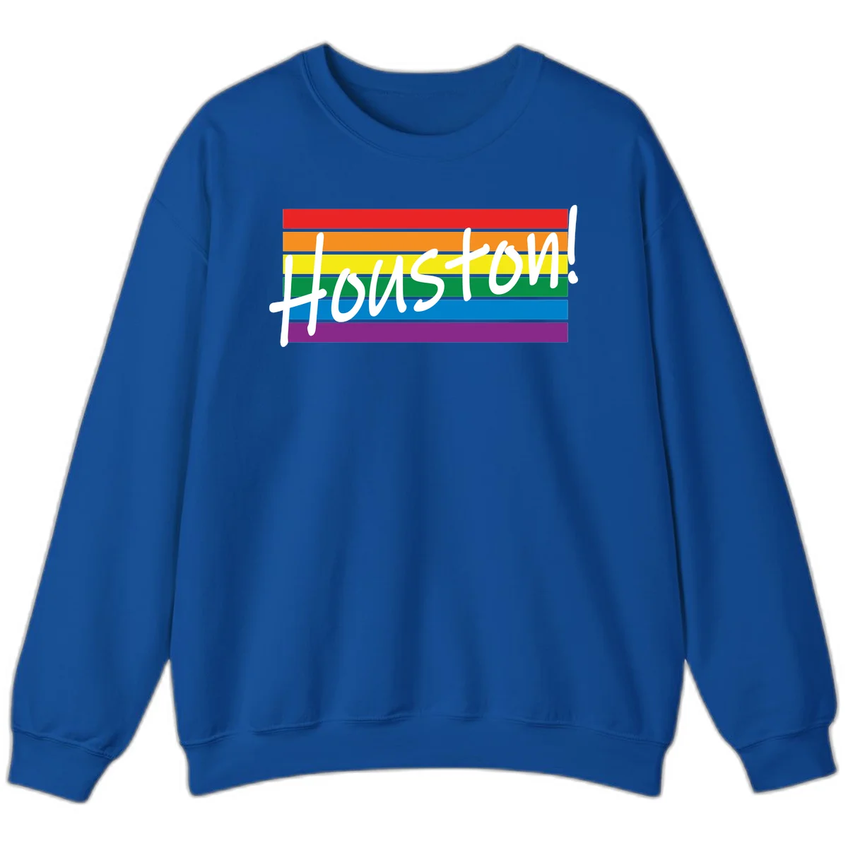 Houston pride celebration design with white handwritten text on rainbow flag stripes in red, orange, yellow, green, blue, and purple in Royal