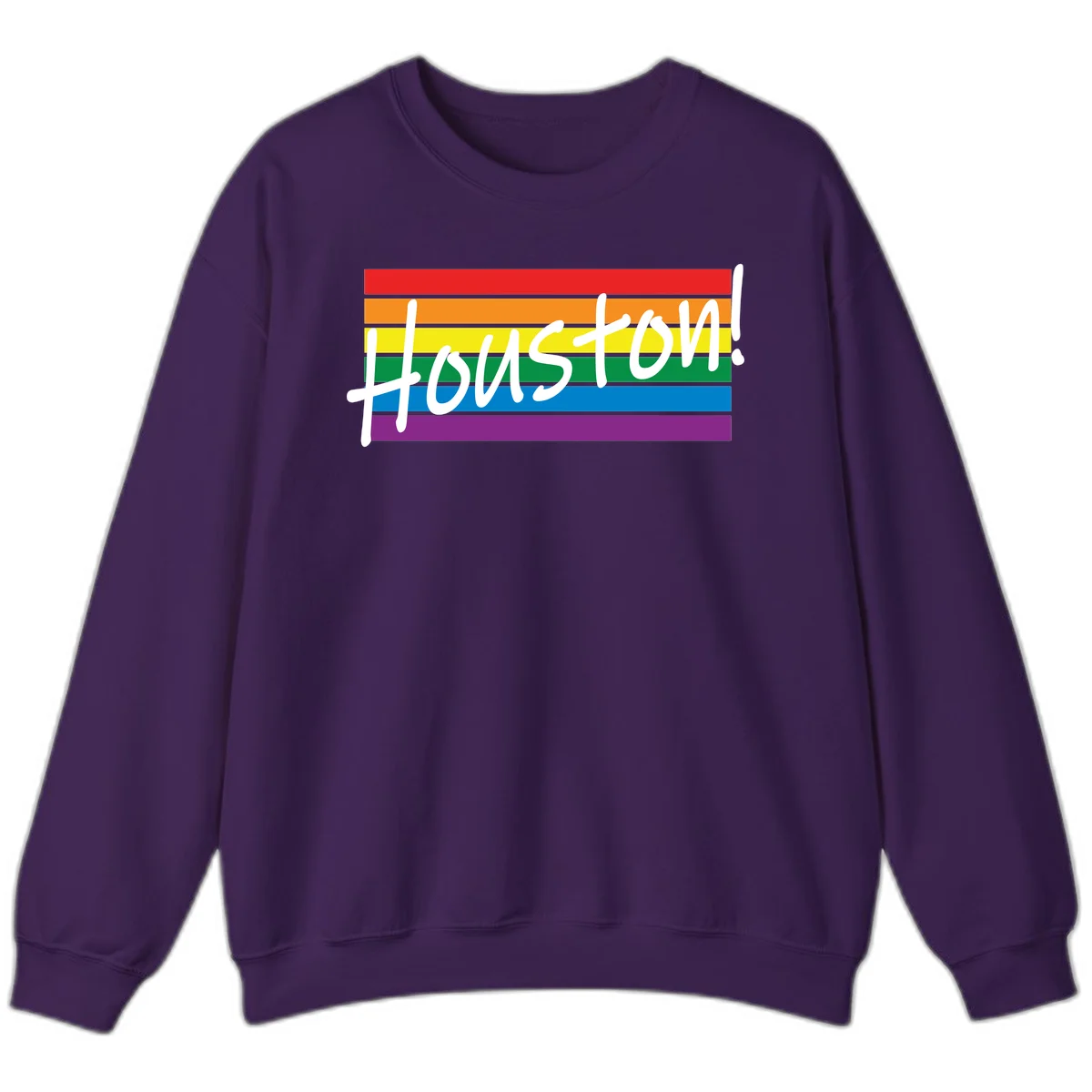 Houston pride celebration design with white handwritten text on rainbow flag stripes in red, orange, yellow, green, blue, and purple in Purple