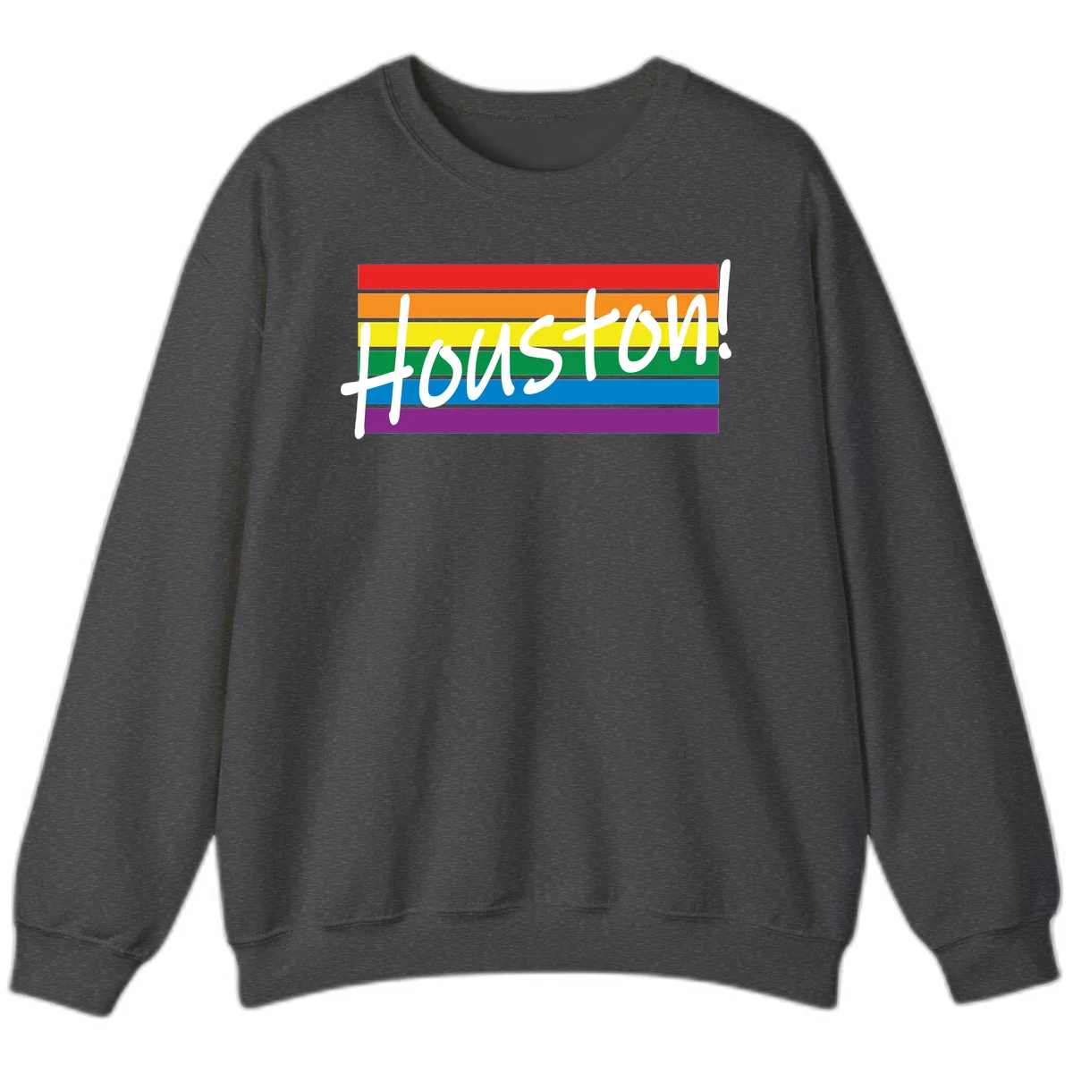 Houston pride celebration design with white handwritten text on rainbow flag stripes in red, orange, yellow, green, blue, and purple in Dark Heather