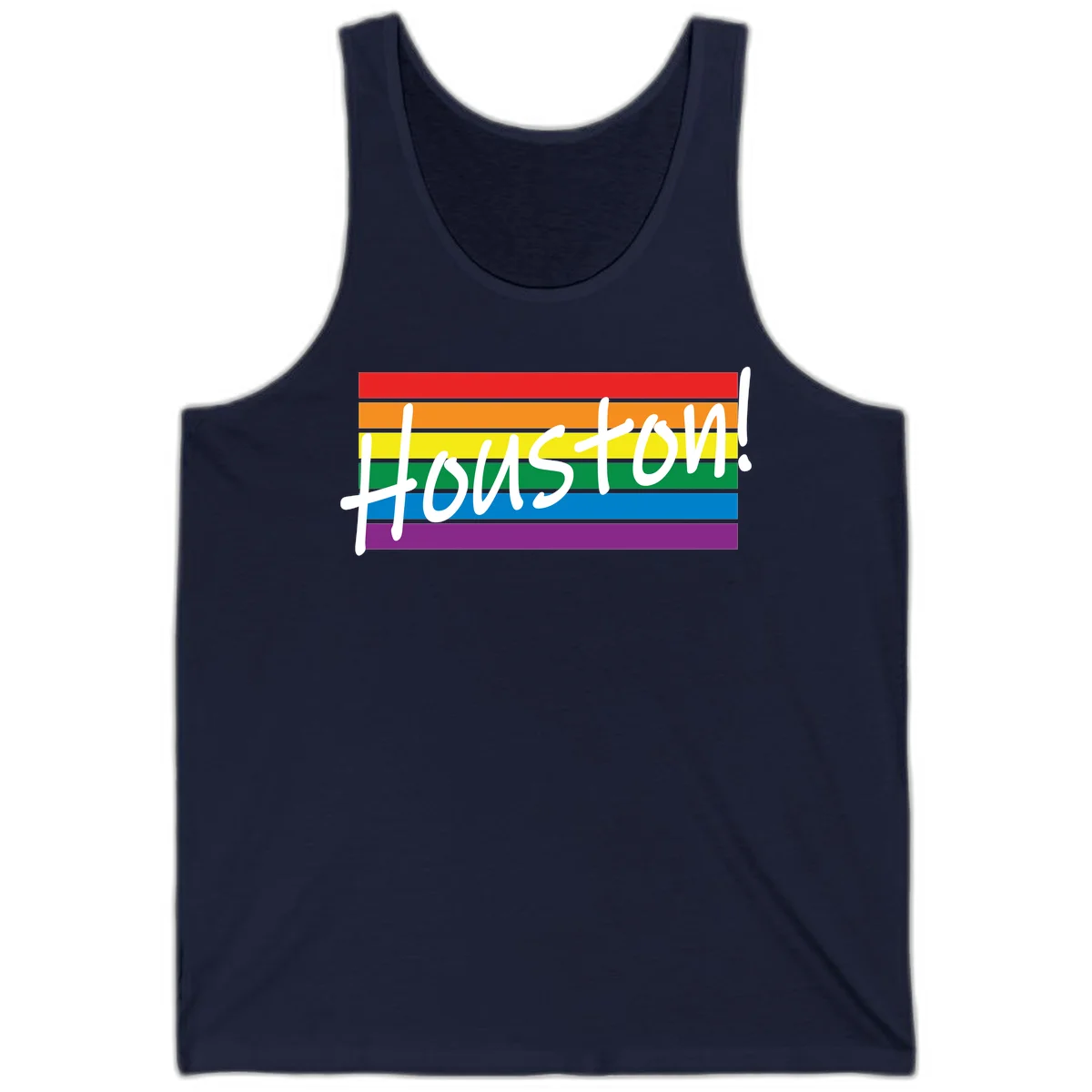 Houston pride celebration design with white handwritten text on rainbow flag stripes in red, orange, yellow, green, blue, and purple in Navy