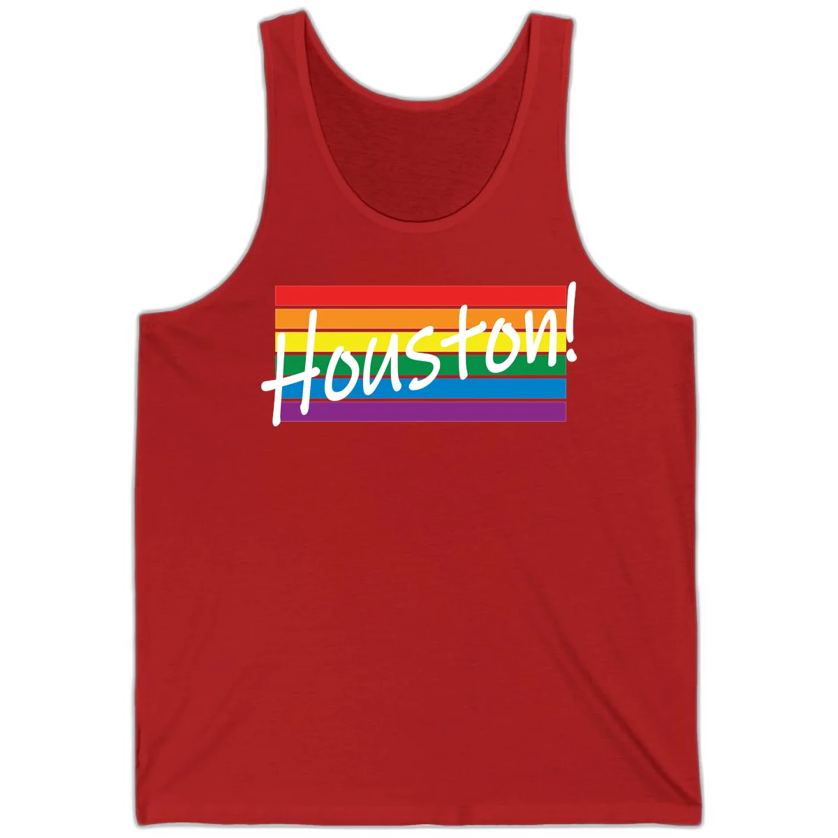 Houston pride celebration design with white handwritten text on rainbow flag stripes in red, orange, yellow, green, blue, and purple in Red