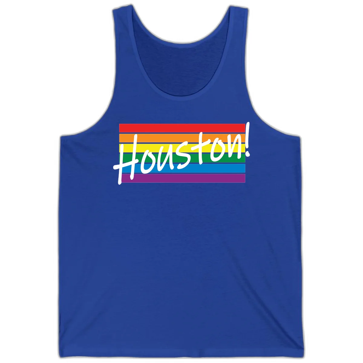 Houston pride celebration design with white handwritten text on rainbow flag stripes in red, orange, yellow, green, blue, and purple in True Royal