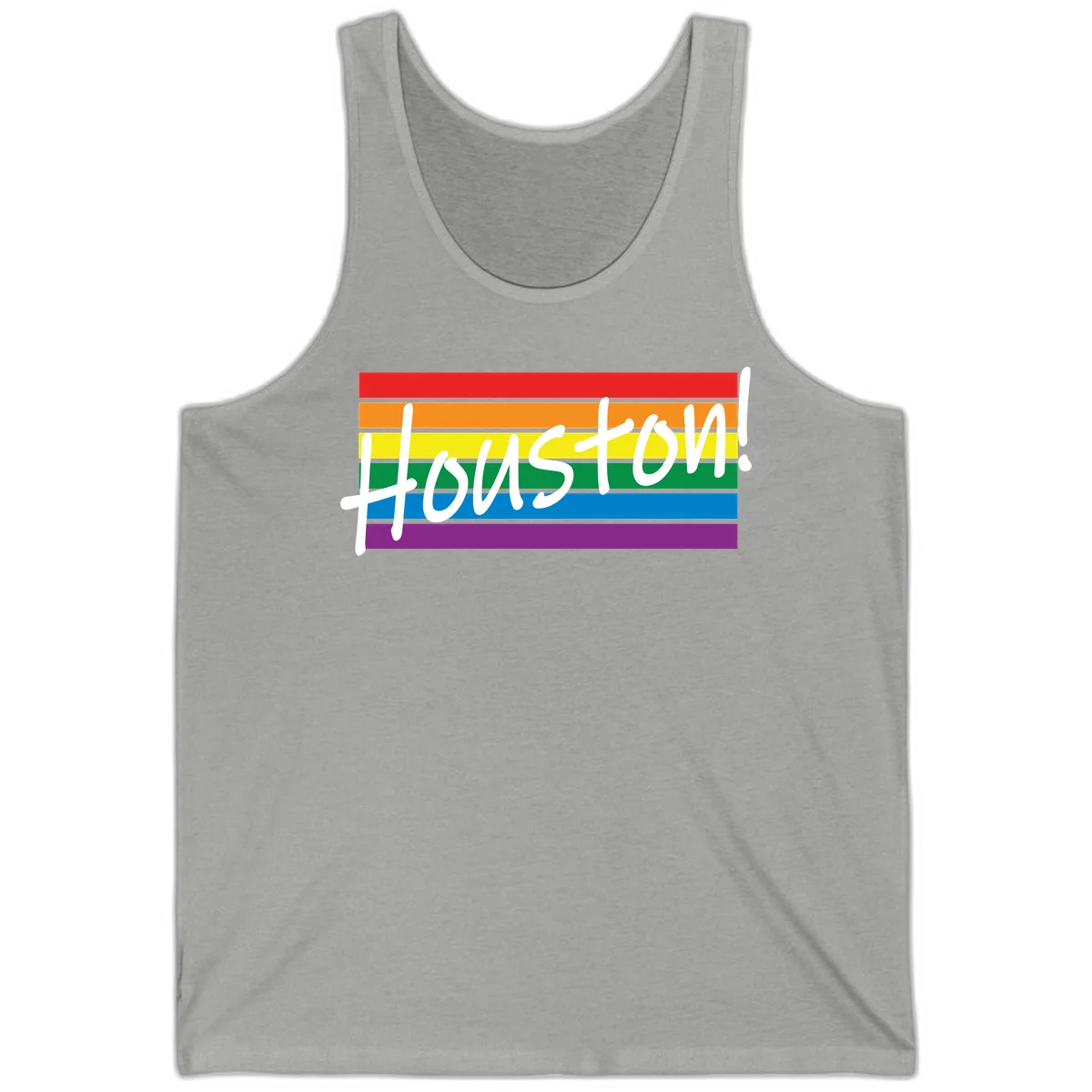 Houston pride celebration design with white handwritten text on rainbow flag stripes in red, orange, yellow, green, blue, and purple in Athletic Heather