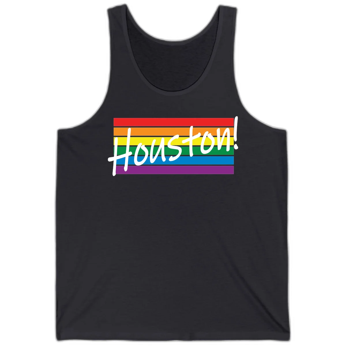 Houston pride celebration design with white handwritten text on rainbow flag stripes in red, orange, yellow, green, blue, and purple in Dark Grey