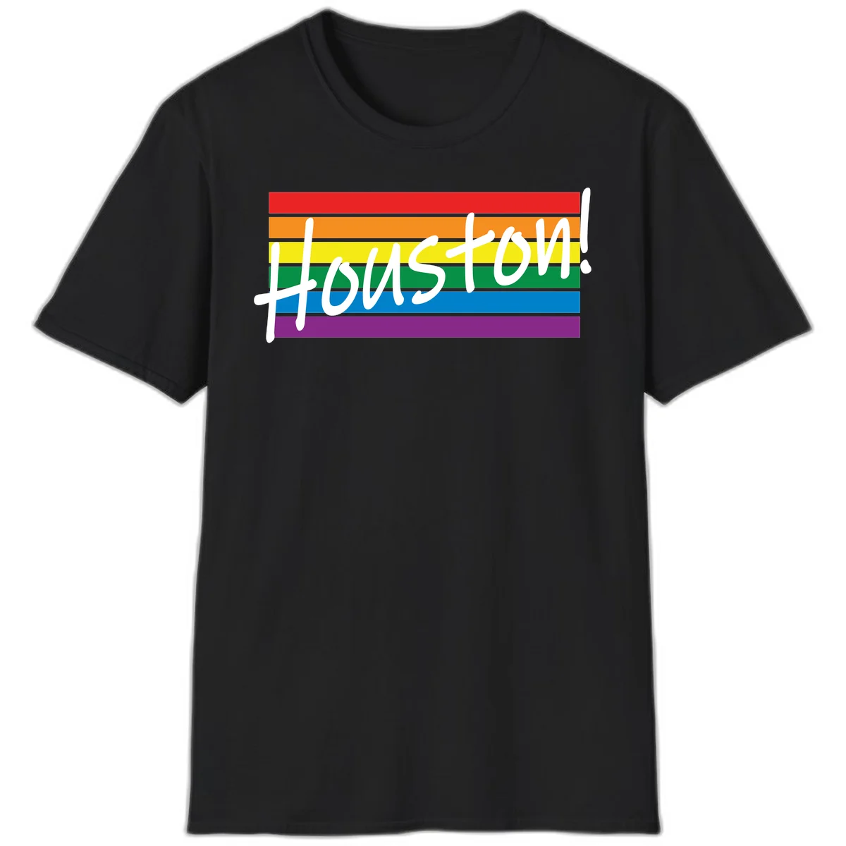 Houston pride celebration design with white handwritten text on rainbow flag stripes in red, orange, yellow, green, blue, and purple in Black
