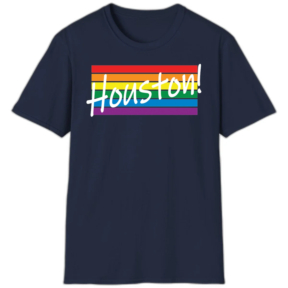 Houston pride celebration design with white handwritten text on rainbow flag stripes in red, orange, yellow, green, blue, and purple in Navy