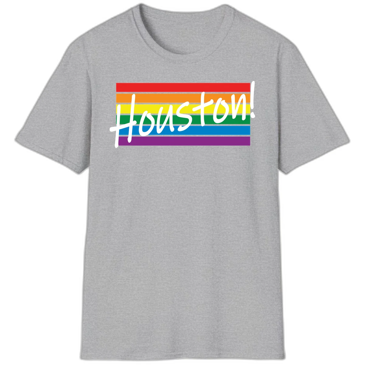 Houston pride celebration design with white handwritten text on rainbow flag stripes in red, orange, yellow, green, blue, and purple in Sport Grey
