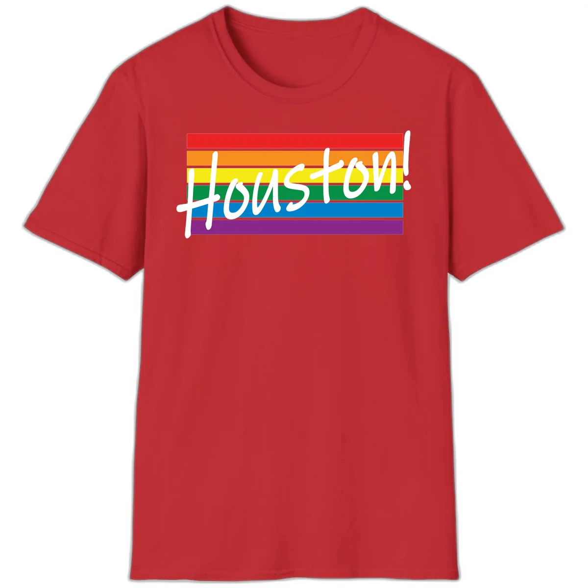 Houston pride celebration design with white handwritten text on rainbow flag stripes in red, orange, yellow, green, blue, and purple in Red