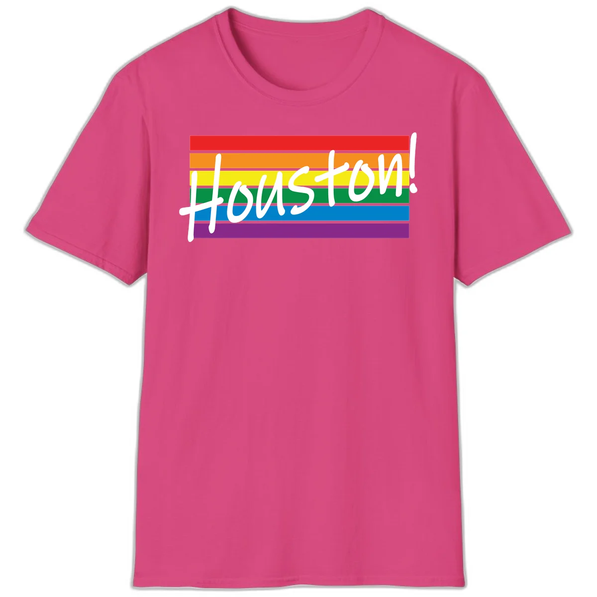 Houston pride celebration design with white handwritten text on rainbow flag stripes in red, orange, yellow, green, blue, and purple in Heliconia