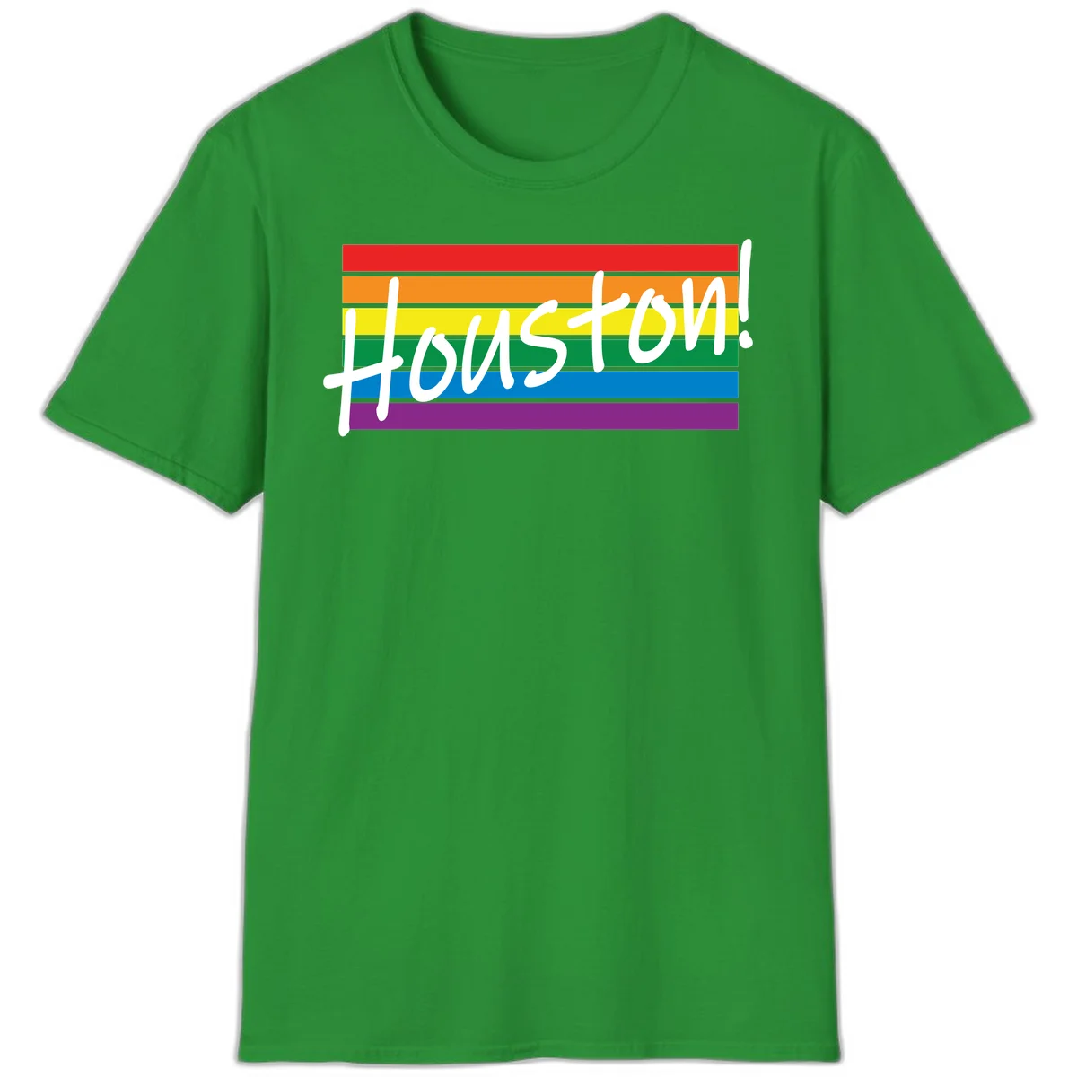 Houston pride celebration design with white handwritten text on rainbow flag stripes in red, orange, yellow, green, blue, and purple in Irish Green