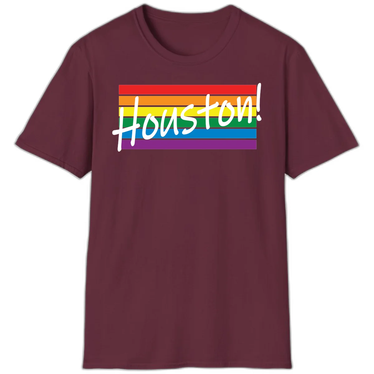 Houston pride celebration design with white handwritten text on rainbow flag stripes in red, orange, yellow, green, blue, and purple in Maroon