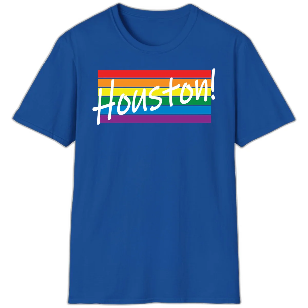 Houston pride celebration design with white handwritten text on rainbow flag stripes in red, orange, yellow, green, blue, and purple in Royal