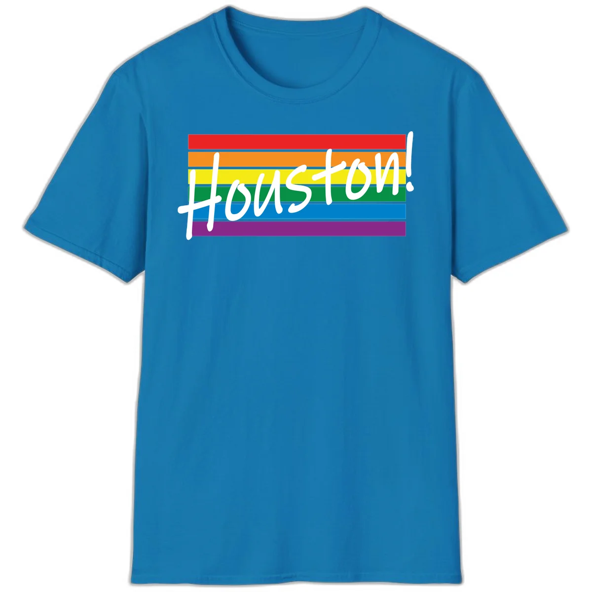 Houston pride celebration design with white handwritten text on rainbow flag stripes in red, orange, yellow, green, blue, and purple in Sapphire