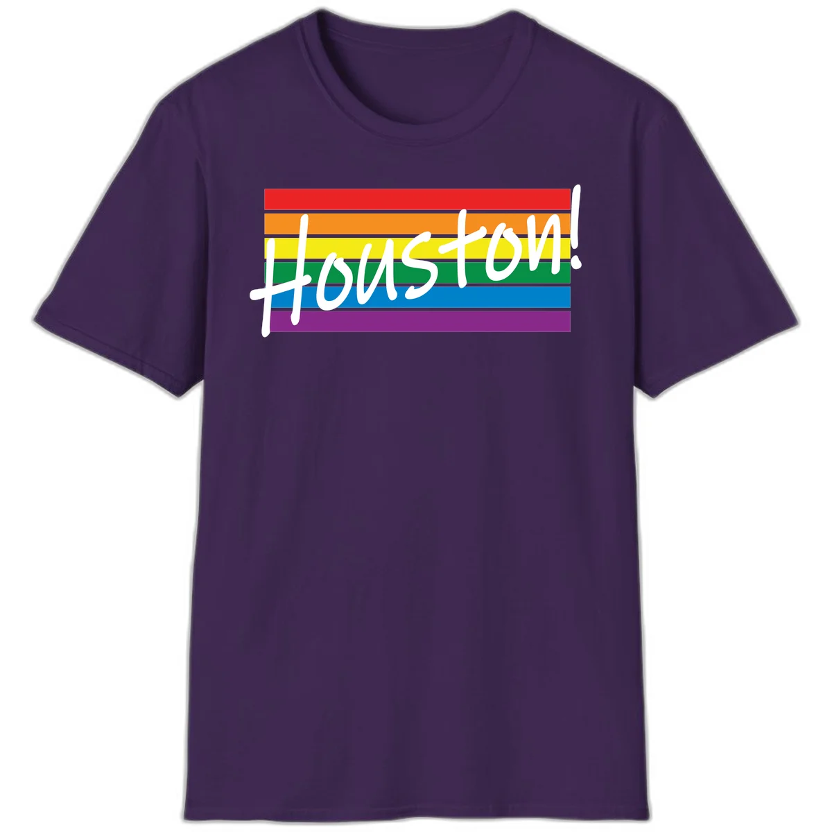 Houston pride celebration design with white handwritten text on rainbow flag stripes in red, orange, yellow, green, blue, and purple in Purple