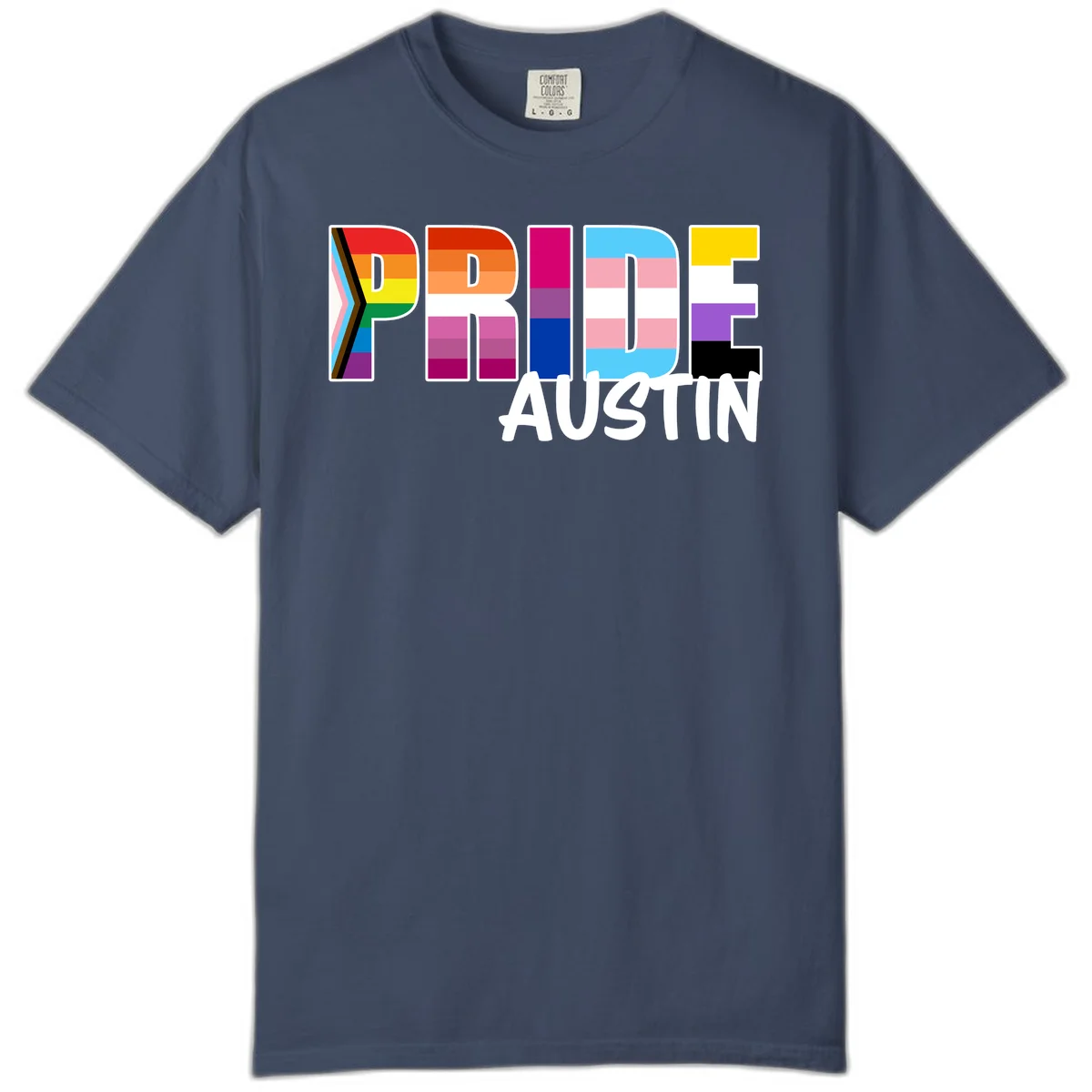 Pride Austin design with rainbow-filled block letters incorporating multiple LGBTQ+ pride flag colors and patterns in Midnight