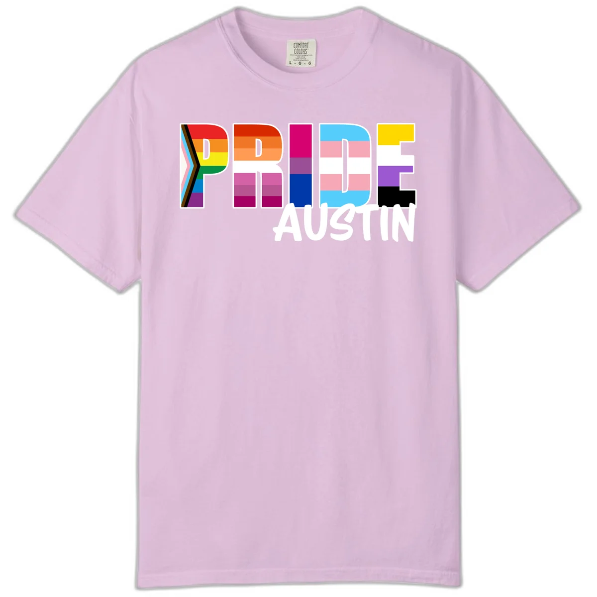 Pride Austin design with rainbow-filled block letters incorporating multiple LGBTQ+ pride flag colors and patterns in Orchid