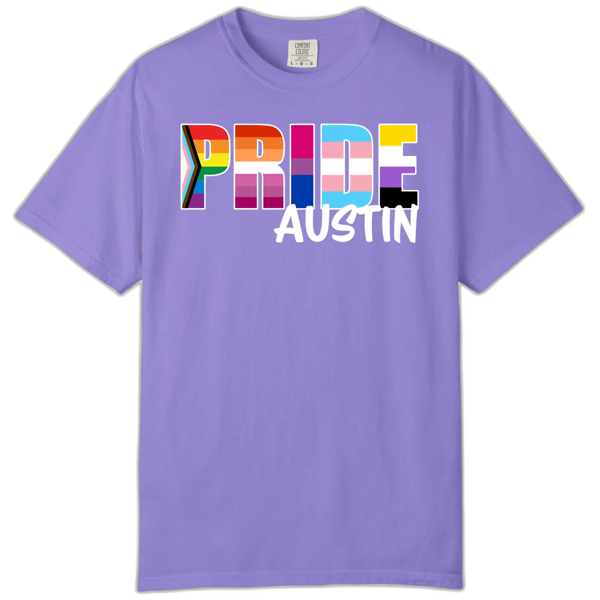 Pride Austin design with rainbow-filled block letters incorporating multiple LGBTQ+ pride flag colors and patterns in Violet