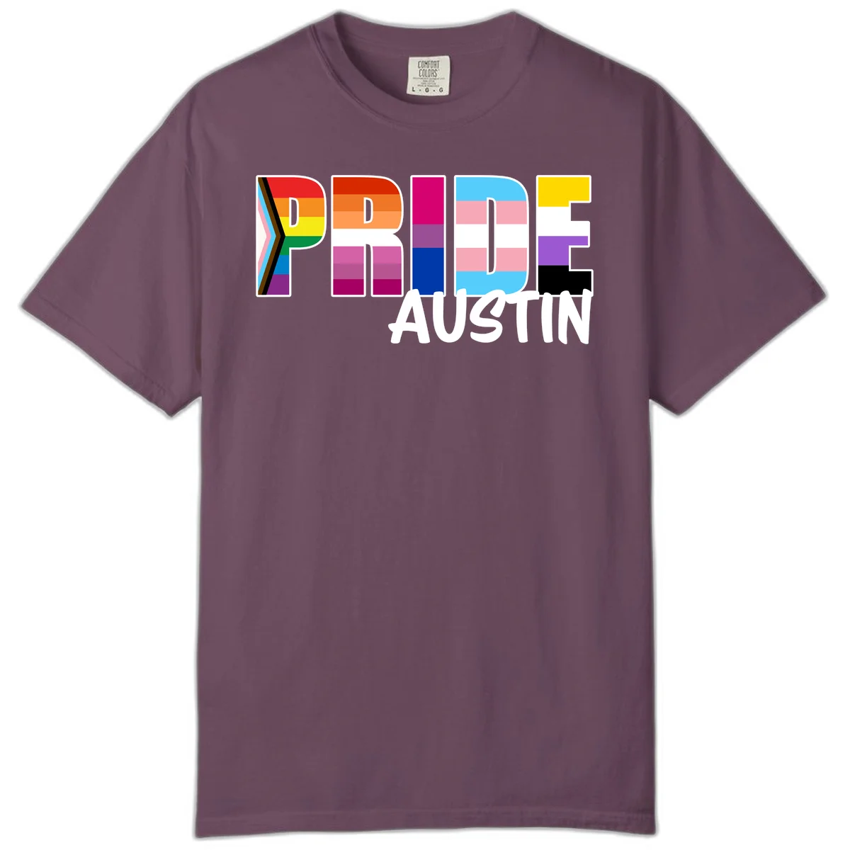 Pride Austin design with rainbow-filled block letters incorporating multiple LGBTQ+ pride flag colors and patterns in Berry