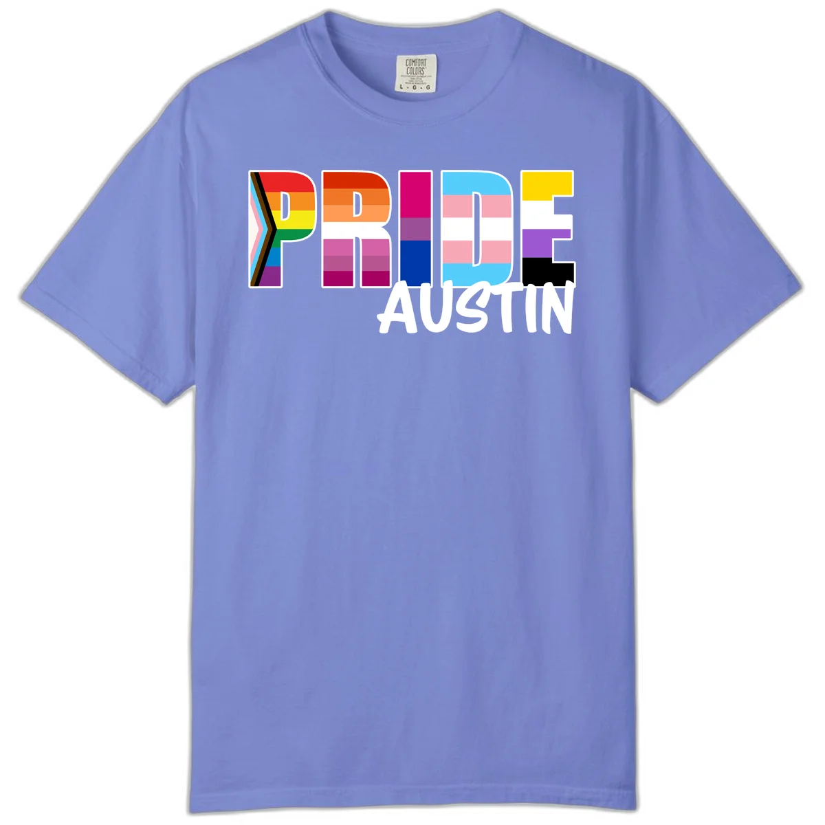 Pride Austin design with rainbow-filled block letters incorporating multiple LGBTQ+ pride flag colors and patterns in Flo Blue