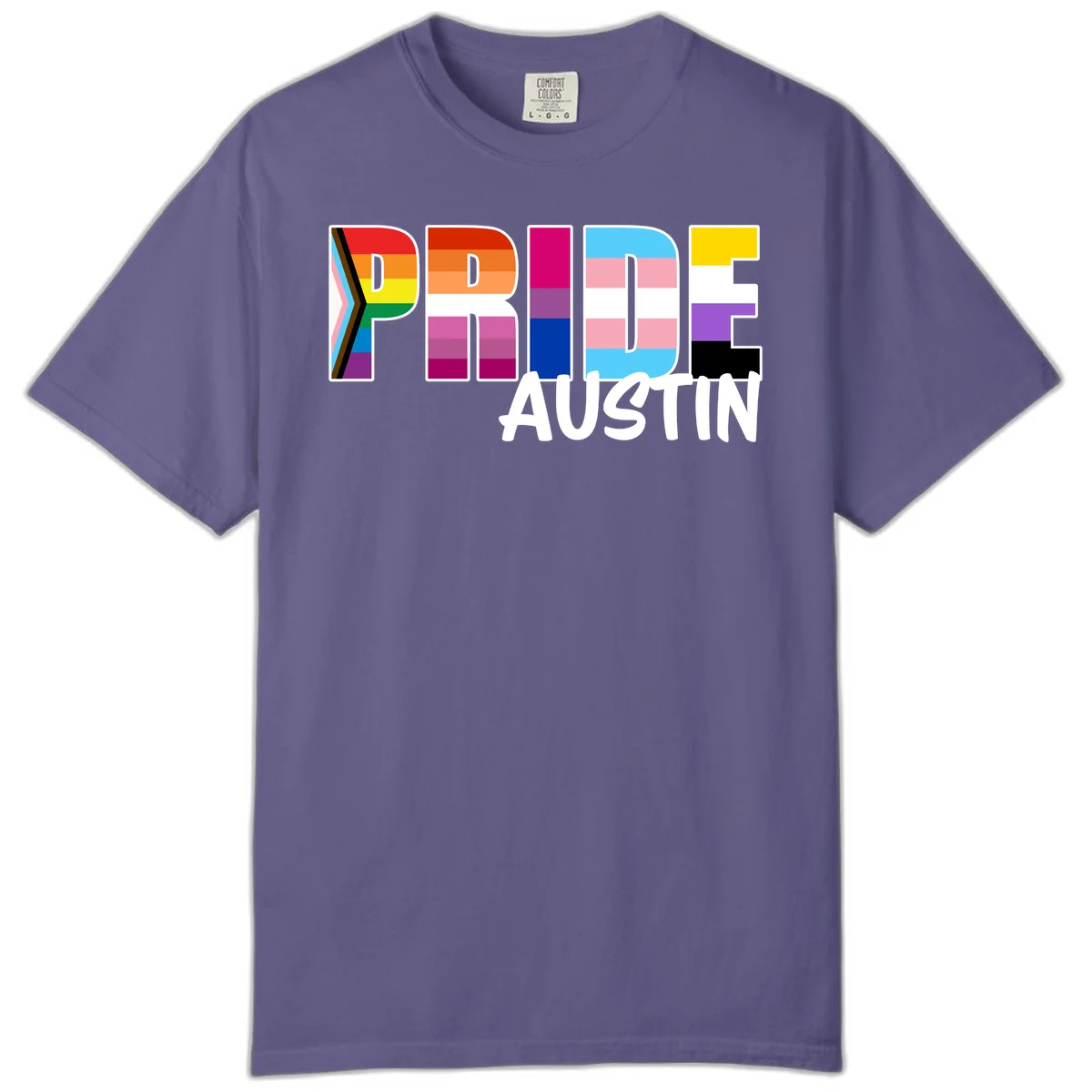 Pride Austin design with rainbow-filled block letters incorporating multiple LGBTQ+ pride flag colors and patterns in Grape