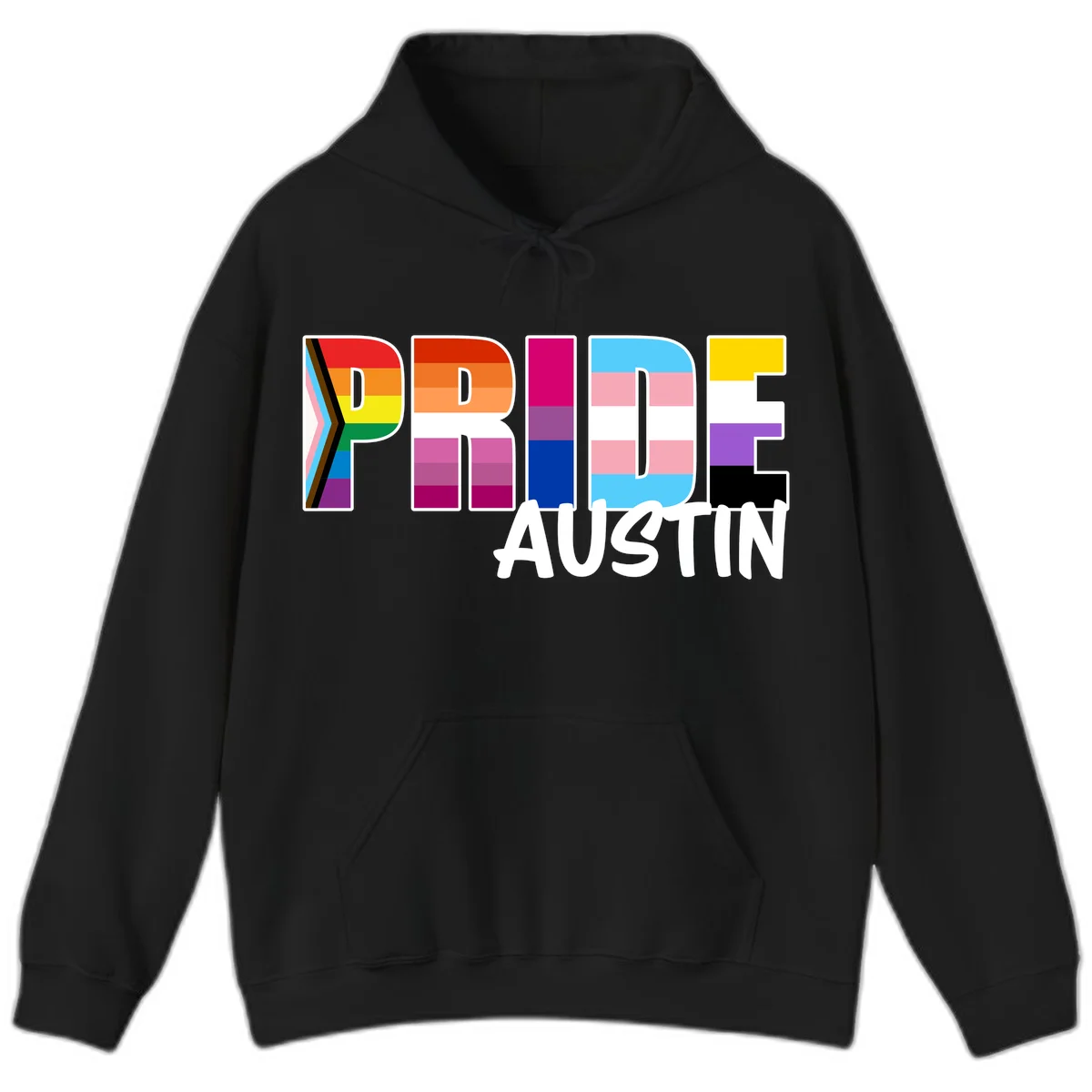 Pride Austin design with rainbow-filled block letters incorporating multiple LGBTQ+ pride flag colors and patterns in Black